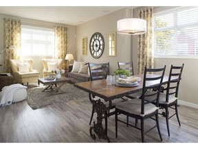 The dining area and great room in Plan L at Chalet No6 by Hopewell Residential.