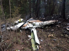 A wing is pictured amongst the wreckage of a Cessna Citation which crashed on October 13, 2016, is seen in the woods near Lake Country, B.C., in this October 15, 2016, Transportation Safety Board image.