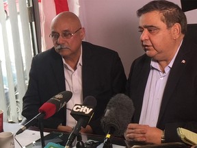 Hon. Deepak Obhrai, M.P. and Mr. Suritam Rai (L) address the media in Calgary, Mr. Singh Rai, age 89, was attacked in the parking lot at 5401 Temple Dr NE, Calgary. This was an unprovoked assault.