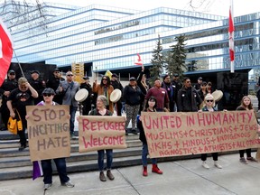 Anti-hate Protesters rally at City Hall in Calgary in 2018. Darren Makowichuk/Postmedia