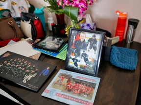 A makeshift memorial to Logan Schatz in the family home in Allan, Sask., on April 9, 2018.