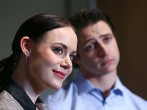 Olympians Tessa Virtue and Scott Moir speak to media in Calgary on Friday, April 20, 2018.