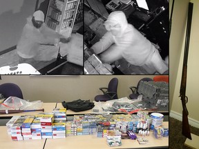Calgary police released surveillance camera images from a series of break and enter robberies at three Cheap Smokes and Cigars stores during February in which thousands of dollars worth of goods were stolen. Police seized the shotgun and the other items on the table when executing a search on a property in Edmonton.