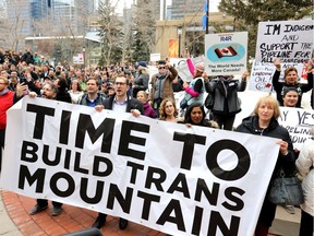Hundreds rally in support of the Trans Mountain pipeline at the McDougal Centre in Calgary on April 10, 2018.