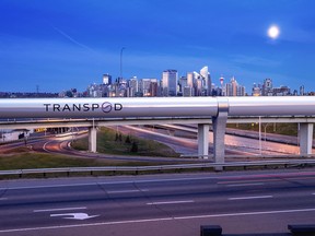 A rendering of the hyperloop superimposed over Calgary's skyline.