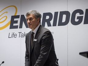 Enbridge president and CEO Al Monaco prepares to address the company's annual meeting in Calgary, Wednesday, May 9, 2018.