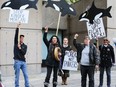 Protestors against Kinder Morgan's Trans Mountain pipeline demonstrate outside of the British Columbia Supreme Court, in Vancouver April 18, 2018.
