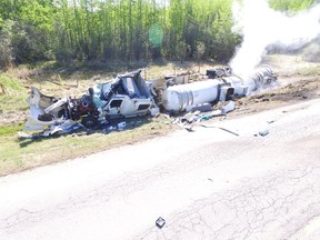 RCMP are warning that a tractor-trailer unit overturned on Highway 831 on May 21, 2018 spilled a hazardous substance, closing roads and forcing the evacuation of several residences in the area.