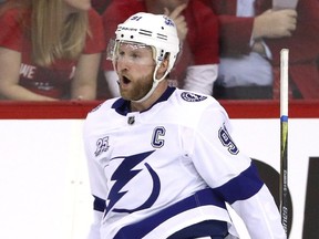 Steven Stamkos of the Tampa Bay Lightning celebrates after scoring in the first period in Game 3 of the Eastern Conference finals on May 15, 2018 in Washington.