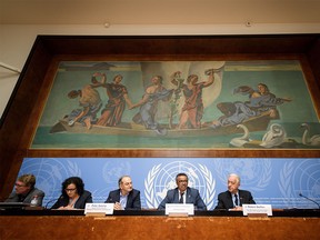World Health Organization (WHO) Director General Tedros Adhanom Ghebreyesus  (2nd R) is flanked by WHO chairman of the Emergency Committee on Ebola, Robert Steffen (R) and head of the WHO Health Emergencies Programme Peter Salama (3rd L) during a press conference following an International Health Regulations Emergency Committee on an Ebola outbreak in Democratic Republic of the Congo on May 18, 2018 at the United Nations Office in Geneva. / AFP PHOTO / Fabrice COFFRINIFABRICE COFFRINI/AFP/Getty Images