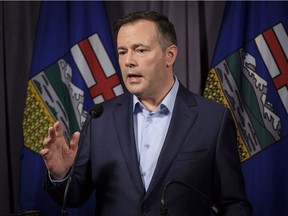 Jason Kenney speaks to the media at his first convention as leader of the United Conservative Party in Red Deer, Alta., Sunday, May 6, 2018.