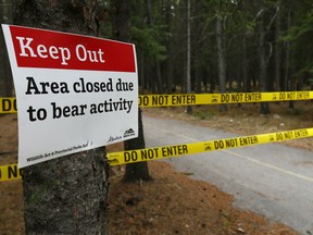Bear warning signs around the trails of the Kananaskis Country Golf Course as it re-opens Thursday after being ravaged by floods five years ago on Wednesday May 9, 2018. Darren Makowichuk/Postmedia