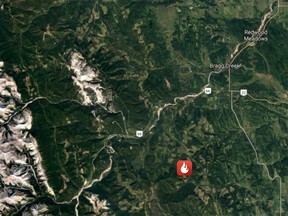 The approximate location of a wildfire southwest of Bragg Creek.