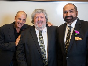 Pictured with co-emcee Frank Mafrica (centre) at the 56th Annual Calgary Italian Sportsmen's Dinner are guests of honour PGA six-time winner Rocco Mediate (left) and NFL superstar Franco Harris. The men's-only dinner is not only a ton of fun but philanthropic as well with scholarships being awarded to Calgary high school graduating students of Italian descent who excel in both athletics and academics.