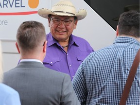 Tsuut'ina Chief Lee Crowchild greets guests last week before offering a tour of the band's new developments.
