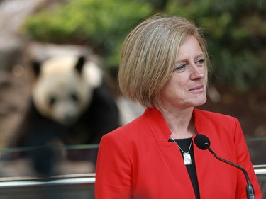 Alberta Premier Rachel Notley speaks while Giant Panda Da Mao walks in the background during the official opening of Panda Passage at the Calgary Zoo on Monday May 7, 2018.