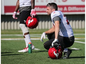 Calgary Stampeders defensive back Adam Berger rests between drills during training camp at McMahon Stadium on Tuesday, May 22, 2018.  Gavin Young/Postmedia