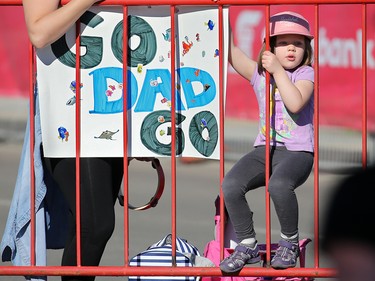 Sara Karpuk gets ready to cheer on her dad Chris in the Centaur Subaru Half Marathon event during the Scotiabank Calgary Marathon on Sunday May 27, 2018.