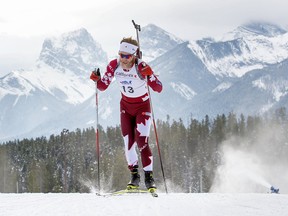 Macx Davies skis during the menís 10 kilometre sprint trials for World Cup team spots on the Frozen Thunder course at the Canmore Nordic Centre biathlon range on Thursday, November 9, 2017.