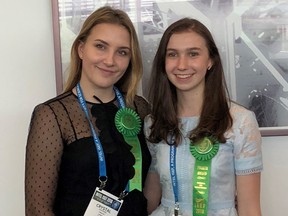 Crystal Radinski, left, and Colette Benko at the Intel International Science and Engineering Fair in Pittsburgh on May 18, 2018.