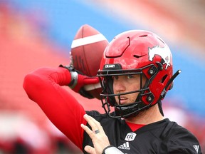 Calgary Stampeder QB Bo Levi Mitchell tosses the football on the sidelines during practice at McMahon Stadium in Calgary on Wednesday, May 30, 2018. The team plays their first pre-season game on Friday. Jim Wells/Postmedia