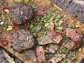Dry-brined Peppered Filets Mignon with Cutting Board Sauce from Project Fire by Steven Raichlen.