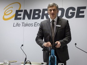 Enbridge president and CEO Al Monaco prepares to address the company's annual meeting in Calgary, Wednesday, May 9, 2018.