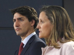 Prime Minister Justin Trudeau and Foreign Affairs Minister Chrystia Freeland speak at a press conference in Ottawa on Thursday, May 31, 2018. Canada is imposing dollar-for-dollar tariff "countermeasures" on up to $16.6 billion worth of U.S. imports in response to the American decision to make good on its threat of similar tariffs against Canadian-made steel and aluminum.