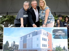 L-R,  Diana Krecsy, president and CEO, Calgary Homeless Foundation, Jay Westman, CEO, Jayman BUILT and Bernadette Majdell, CEO, HomeSpace Society as Jayman BUILT (Jayman), the RESOLVE Campaign, Calgary Homeless Foundation (CHF) and HomeSpace Society (HomeSpace) hosted a ceremonial ground-breaking and name unveiling of a new development in Bowness that will provide housing for 30 of Calgarys vulnerable and homeless residents in Calgary on Saturday May 12, 2018. Darren Makowichuk/Postmedia