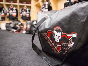 Inside the Calgary Hitmen dressing room at Scotiabank Saddledome.