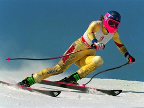 Canada's Kerrin Lee-Gartner, 25, from Calgary, Alta., skies down the Olympic Super G course in Meribel, France, Feb. 18, 1992. Looking to help others, the 51-year-old Lee-Gartner has agreed to donate her brain after death to the Canadian Concussion Centre to advance research on the effects of concussion in women. THE CANADIAN PRESS/Jacques Boissinot ORG XMIT: CPT137