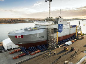 The Royal Canadian Navy's first Arctic and Offshore Patrol Ship (AOPS), the future HMCS Harry DeWolf, being built at Irving Shipbuilding's Halifax Shipyard. The ship is due to launch this summer.