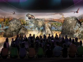 This undated artist rendering provided by BASE Hologram shows a prototype three-dimensional hologram display for a dinosaur exhibit. Jack Horner, a Montana paleontologist who consulted with director Steven Spielberg on the "Jurassic Park" movies is developing a three-dimensional hologram exhibit that will showcase the latest theories on what dinosaurs looked like. Horner and entertainment company Base Hologram are aiming to have multiple traveling exhibits ready to launch in spring 2018. (BASE Hologram via AP)