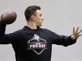 FILE - In this March 27, 2018 file photo, former Cleveland Browns quarterback Johnny Manziel throws during drills at his alma mater during Texas A&M's football Pro Day in College Station, Texas. Manziel is heading to the Canadian Football League, the latest move for the Heisman Trophy winner whose NFL career was a bust with the Cleveland Browns. The quarterback said on Twitter on Saturday, May 19,  he signed with the Hamilton Tiger-Cats.   (AP Photo/Michael Wyke, File) ORG XMIT: NY113