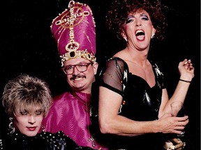 Ty Morgan, Broderick Butel as Cardinal Sin, Ken Annebo as Flo Del Rocko. From the film Outliers: Calgary's Queer HIstory. Courtesy, Calgary Queer Arts Society.