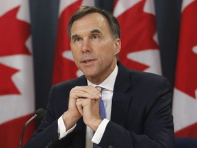 Finance Minister Bill Morneau speaks about the Trans Mountain Expansion project at a press conference in Ottawa on Wednesday, May 16, 2018.