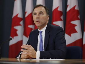Finance Minister Bill Morneau speaks about the Trans Mountain Expansion project at a press conference in Ottawa on Wednesday, May 16, 2018.