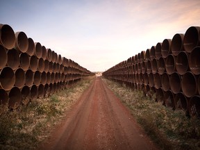 Miles of unused pipe, prepared for the Keystone XL pipeline, sit in a lot outside Gascoyne, North Dakota.