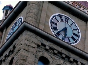 The clock tower on Old City Hall is seen before renovations began on the building.