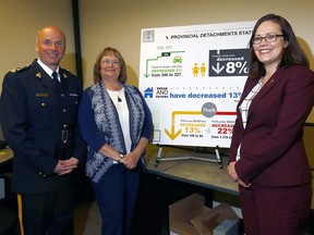 L-R, Deputy Commissioner Todd Shean, Commanding Officer of the Alberta RCMP, Rosemary Lindsay, President of the Cochrane Foothills Protective Association - Rural Crime Watch Association and the Hon. Kathleen Ganley, Minister of Justice and Solicitor General speak on the Southern Alberta District Crime Reduction Unit at the Southern Alberta District Office in Airdrie on Thursday May 24, 2018. Darren Makowichuk/Postmedia