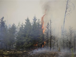 Grass fires are seen near Bruderheim, Saturday, May 12, 2018.