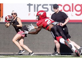 Calgary Stampeders Team Red Don Jackson goes for the leaping catch during the Red and White game at McMahon stadium in Calgary on Sunday May 27, 2018. Darren Makowichuk/Postmedia