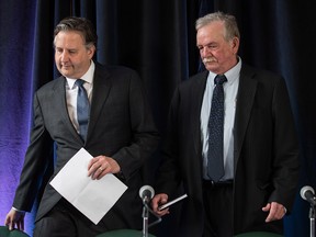 NDP MP Kennedy Stewart, left, and Burnaby Mayor Derek Corrigan arrive for a news conference with Indigenous leaders and politicians opposed to the expansion of the Trans Mountain pipeline, in Vancouver on April 16, 2018.
