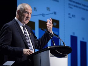Suncor president and CEO Steve Williams addresses the company's annual meeting in Calgary, Wednesday, May 2, 2018.THE CANADIAN PRESS/Jeff McIntosh ORG XMIT: JMC104