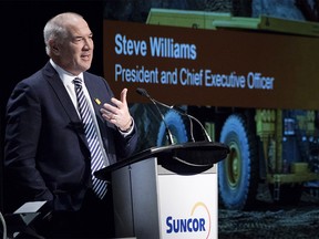 Suncor president and CEO Steve Williams addresses the company's annual meeting in Calgary, Wednesday, May 2, 2018.THE CANADIAN PRESS/Jeff McIntosh ORG XMIT: JMC103
