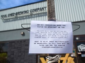 This sign on the closed patio of the Tool Shed Brewing Company was photographed on Saturday May 12, 2018.