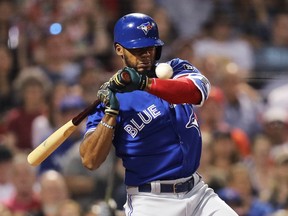 Toronto Blue Jays outfielder Teoscar Hernandez is hit by a pitch against the Boston Red Sox on May 29.