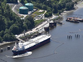 An aerial view of Kinder Morgan's Trans Mountain marine terminal in Burnaby, B.C.