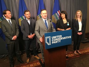 United Conservative Party Leader Jason Kenney, centre, addresses media at the UCP founding convention in Red Deer on Friday, May 4. He is flanked by Devin Dreeshen, left, UCP candidate for Innisfail-Sylvan Lake, Edmonton Riverbend MP Matt Jeneroux, Chestermere-Rocky View MLA Leela Aheer and Fort McMurray-Conklin UCP candidate Laila Goodridge.