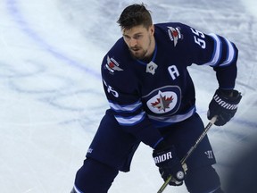 Winnipeg Jets centre Mark Scheifele warms up for Game 1 against the Vegas Golden Knights on May 14.